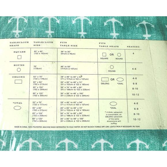 Nautical Anchors Oblong Tablecloth Indoor Outdoor Water & Fade Resistant Max - Picture 2 of 11